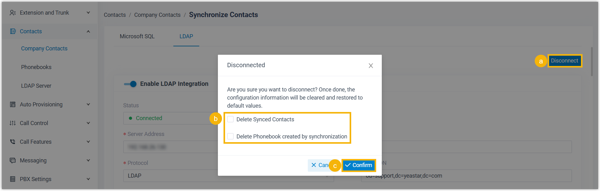 LDAP synchronization panel with the Disconnect action available