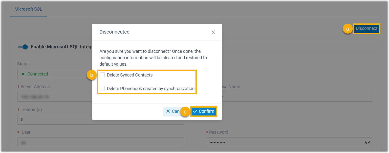 Microsoft SQL integration settings with the Disconnect control and cleanup options