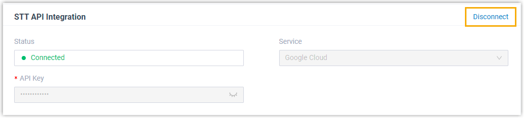 The Speech to Text integration panel with the Disconnect control in the top-right corner