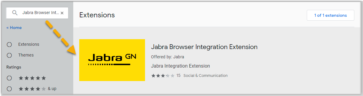 Search results showing the Jabra Browser Integration Extension in the Chrome Web Store