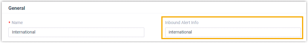 Inbound route General settings with an Inbound Alert Info value entered