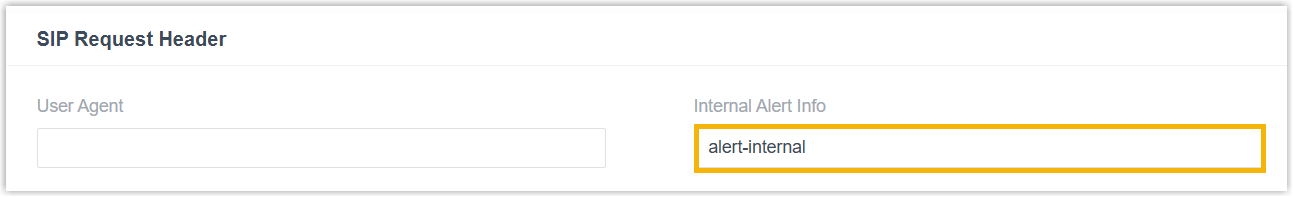 Internal Alert Info field set to alert-internal in the SIP request header settings