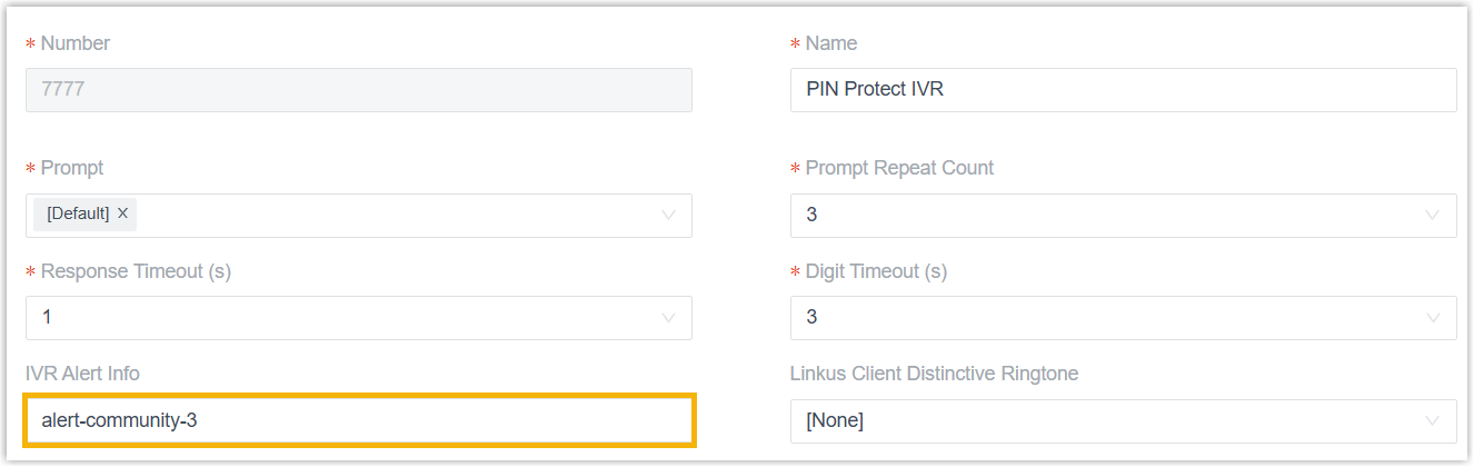 Cloud Voice, IVR Alert Info field set to alert-community-3 in the IVR settings