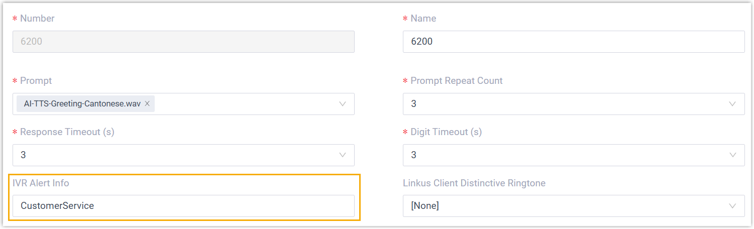 Cloud Voice, IVR settings with a value entered in the IVR Alert Info field