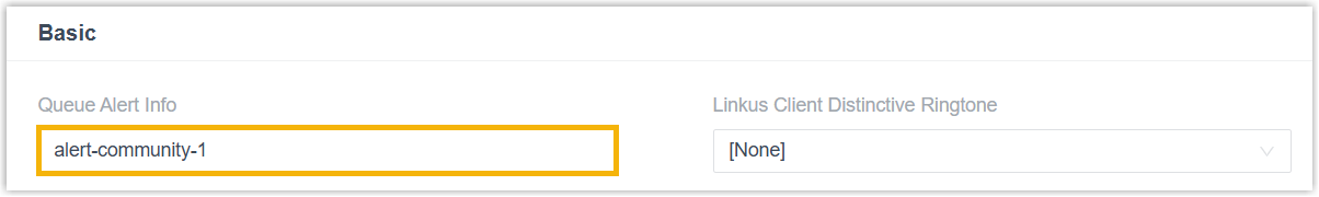 Cloud Voice, Queue Alert Info field set to alert-community-1 in the queue preferences