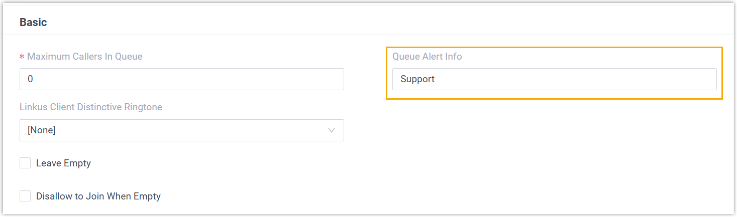 Cloud Voice, the Queue Alert Info field on a queue's Preferences tab set to Support
