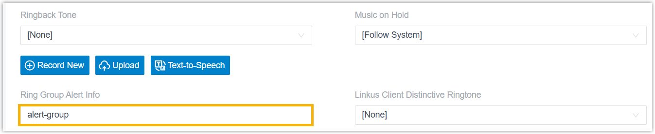 Cloud Voice, Ring Group Alert Info field set to alert-group in the ring group settings