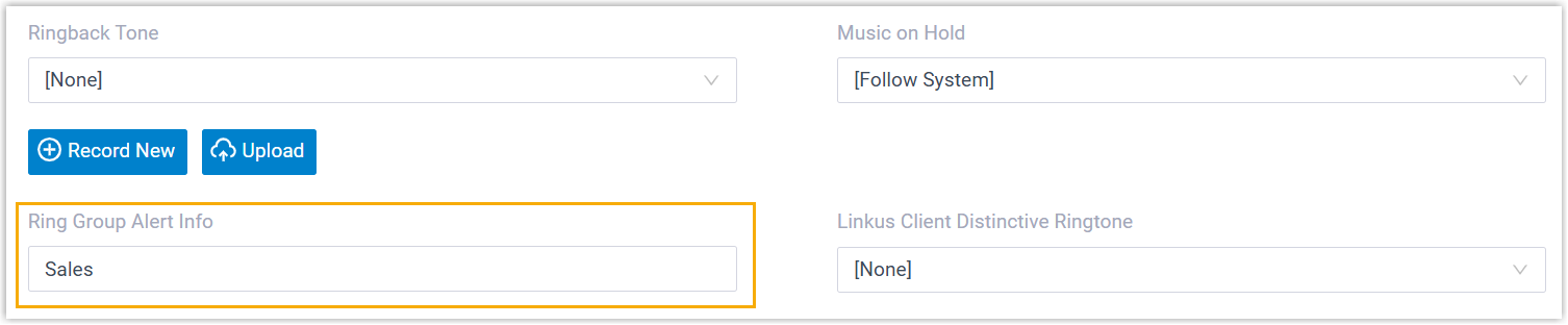 Cloud Voice, the Ring Group Alert Info field set to Sales on a ring group's settings page