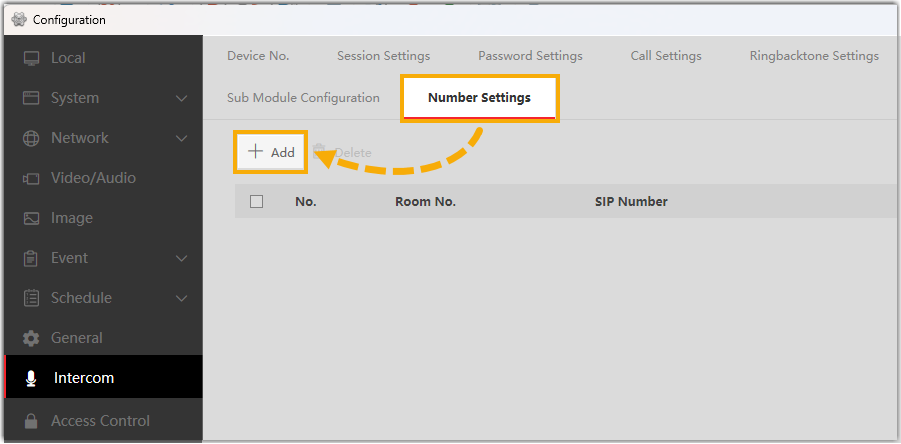 Number Settings page on the door station with the Add button