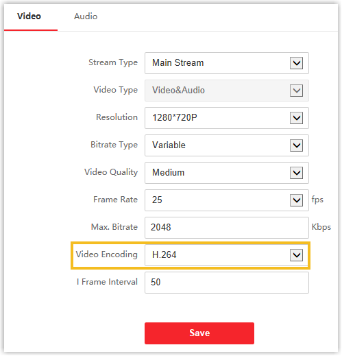 Video Encoding set to H.264 on the door station