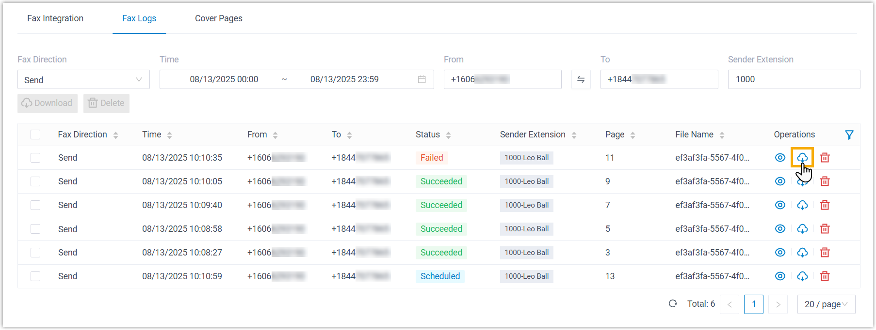 Download icon on an individual fax log row that saves just that document