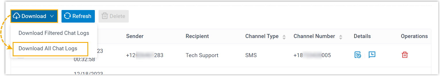 The download menu opened above the external chat log list with the option to export all logs