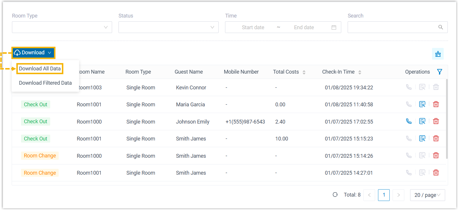 Download menu open on the stay history page with the option to export all records