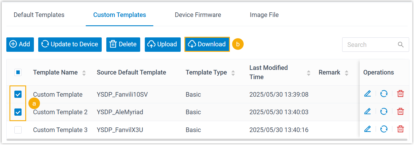 Selecting templates and exporting them from the Custom Templates list