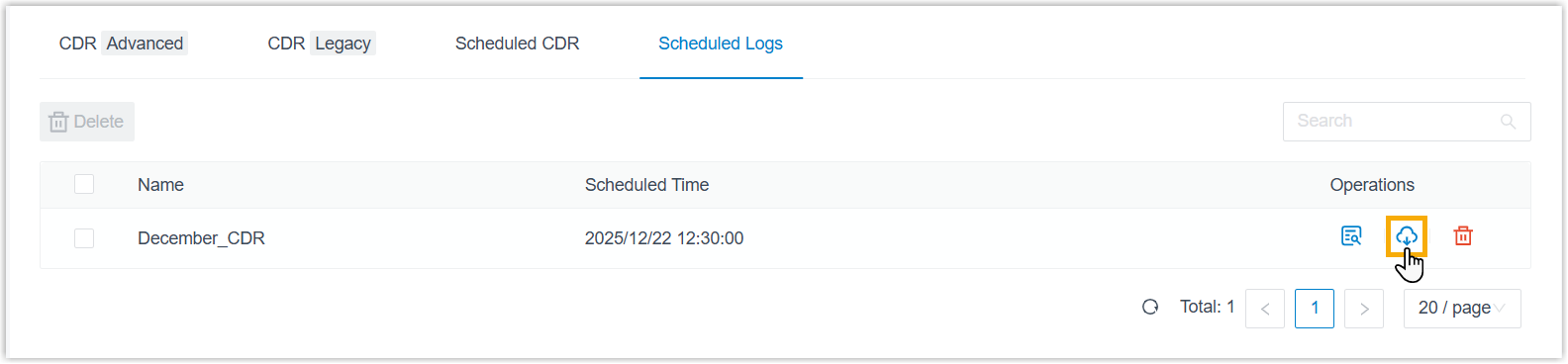 Scheduled Logs tab with a completed CDR task and its download control highlighted
