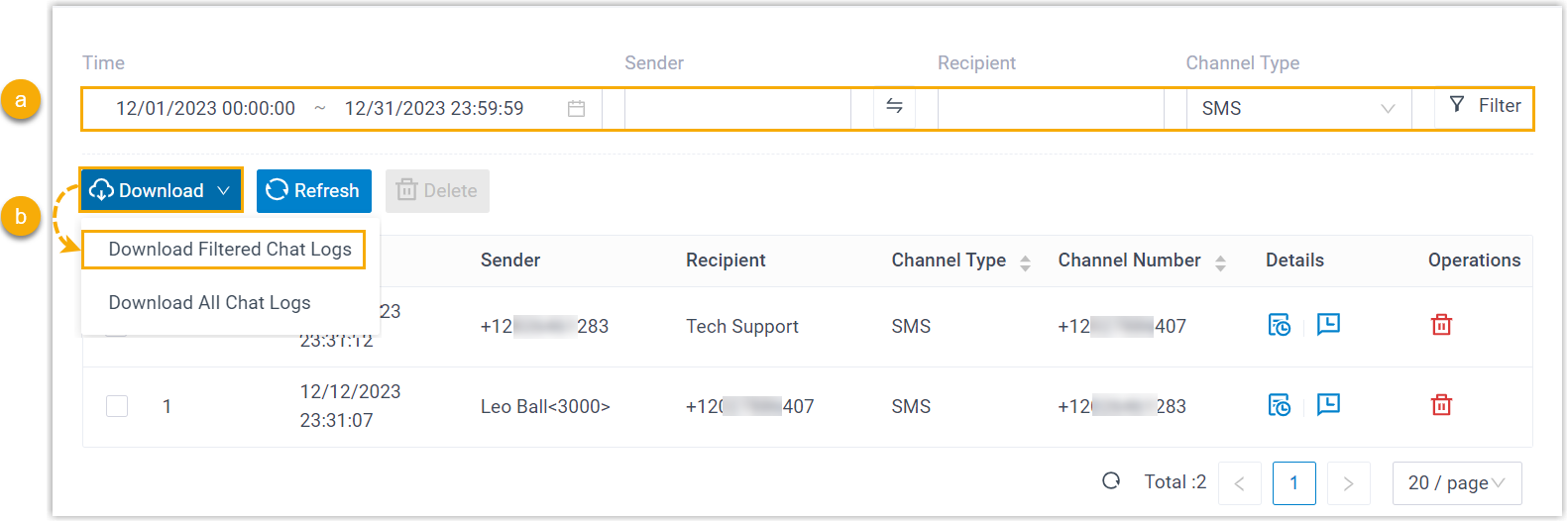 The chat log list narrowed by filters with the download menu ready to export the matching records