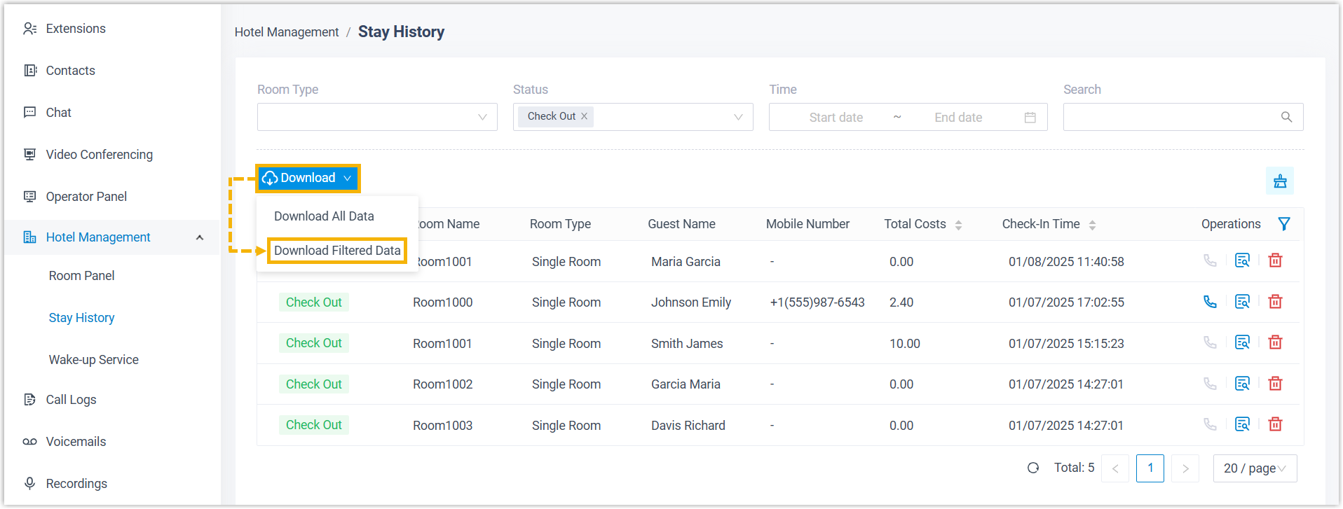 Download menu with the option to export only the filtered stay records