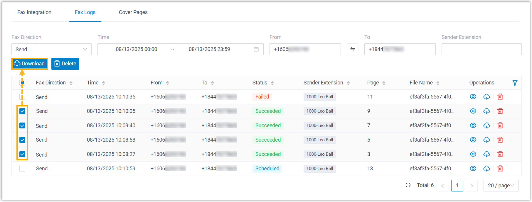 Several fax log rows selected with the Download button ready to export them