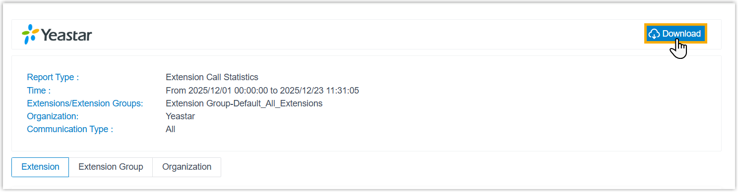 Cloud Voice, the report preview tab with the Download button highlighted in the top-right corner