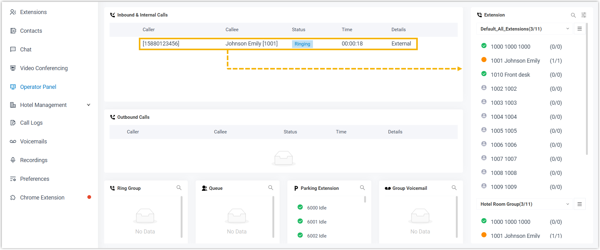 Dragging an active call and dropping it onto a target extension