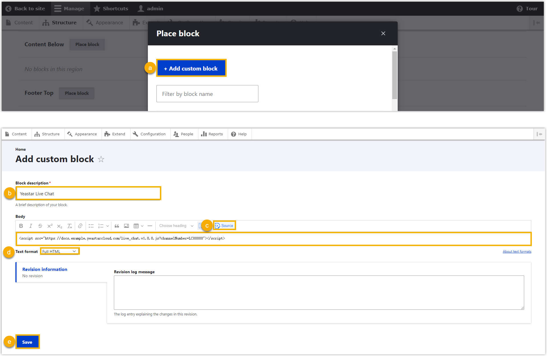 Cloud Voice, custom block editor with the Body field set to Source view and the Live Chat snippet pasted in