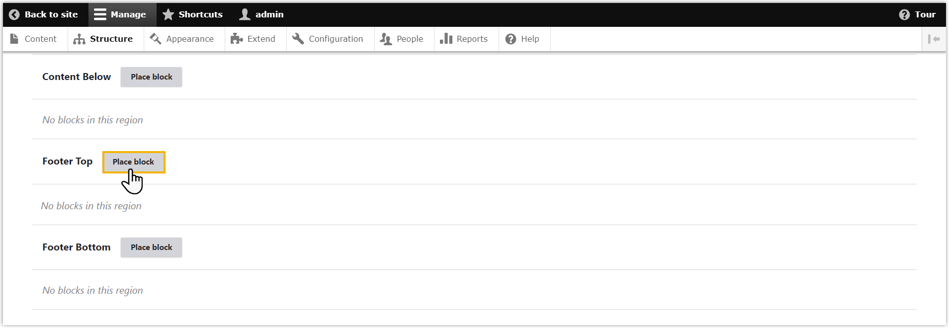 Block layout page listing regions with the Place block button beside Footer Top