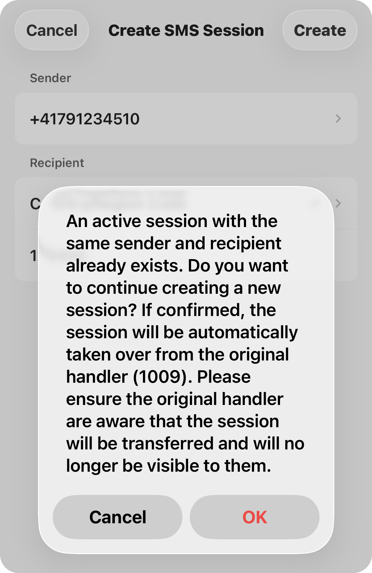 Confirmation prompt for taking over an existing conversation
