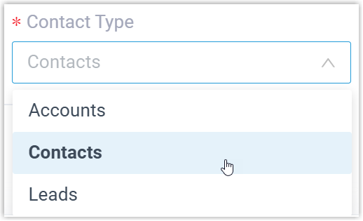 The Contact Type list showing account, contact, and lead options