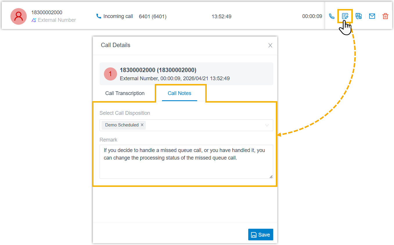 Call note panel open beside a queue call log in the web app