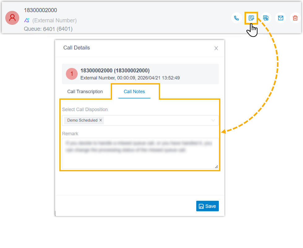 Call note panel open beside a queue call log in the desktop app