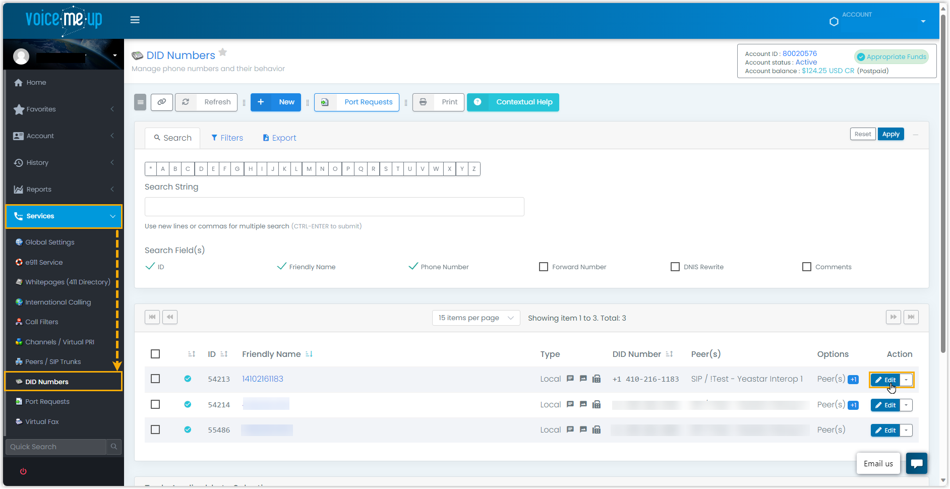 Cloud Voice, the VoiceMeUp DID edit page