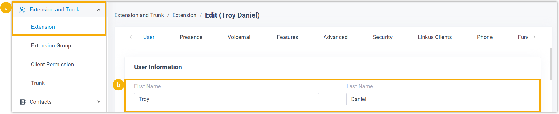 Cloud Voice, entering a user's first and last name on the extension edit page