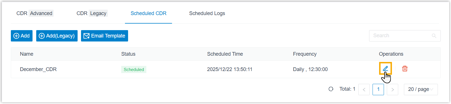 Editing a scheduled CDR delivery task from the Scheduled CDR tab