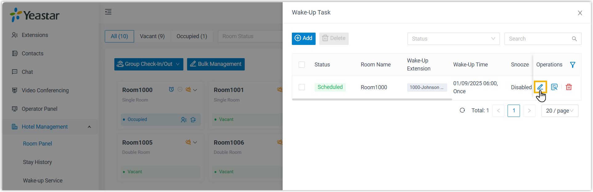 The room's wake-up task open for editing in the side panel