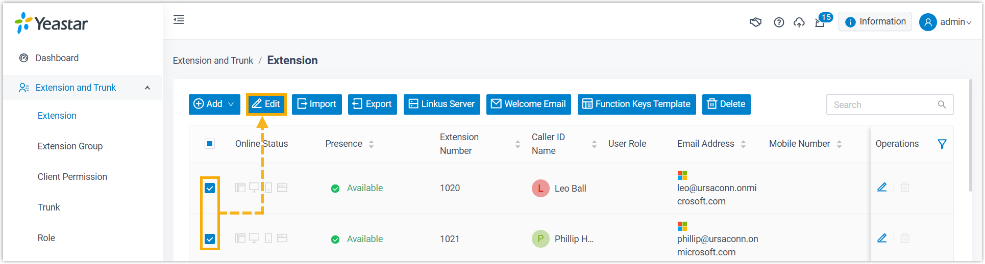 Cloud Voice, several synced extensions selected on the extension list, ready to edit in bulk