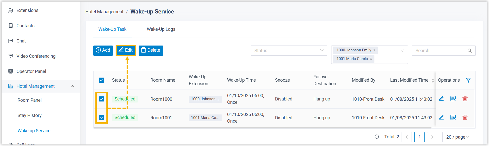 Several wake-up tasks selected for editing at once
