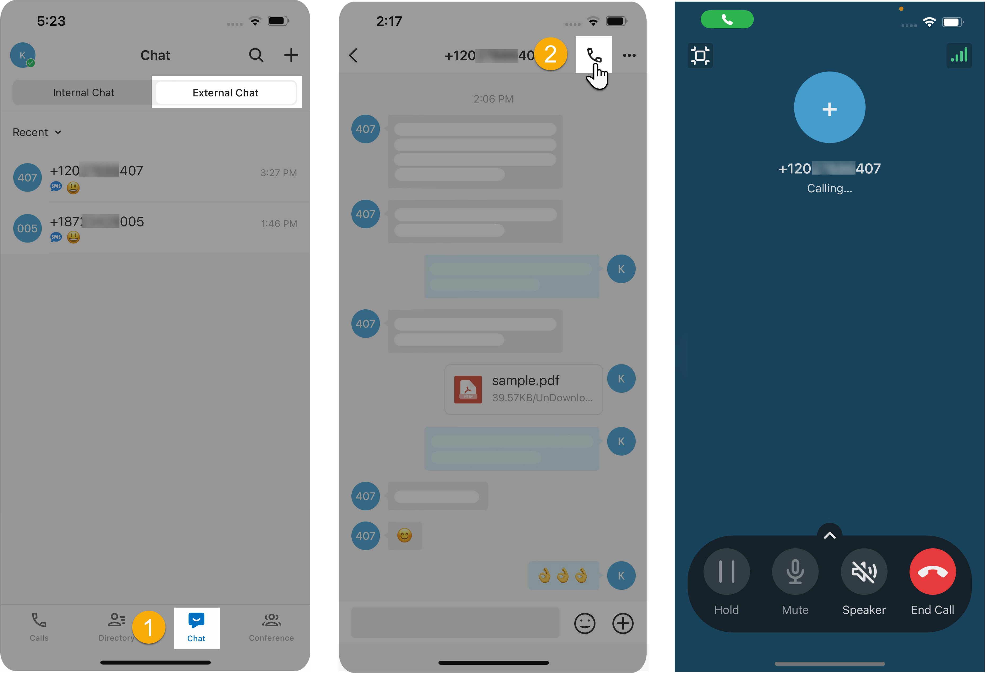 A messaging session with a call control in the top-right corner ready to dial the customer