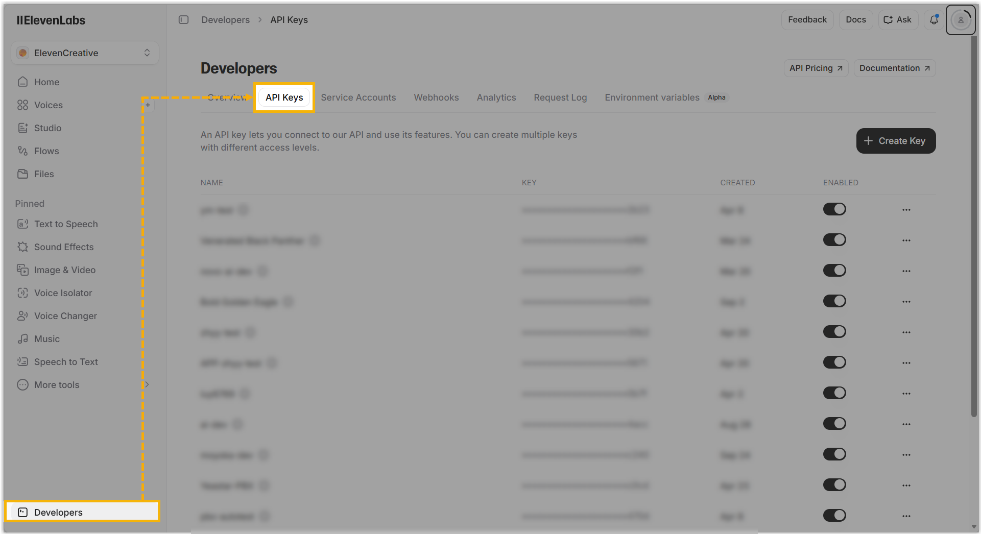 The API Keys page in the ElevenLabs developer console