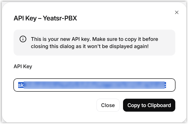 The generated ElevenLabs API key shown in a confirmation window