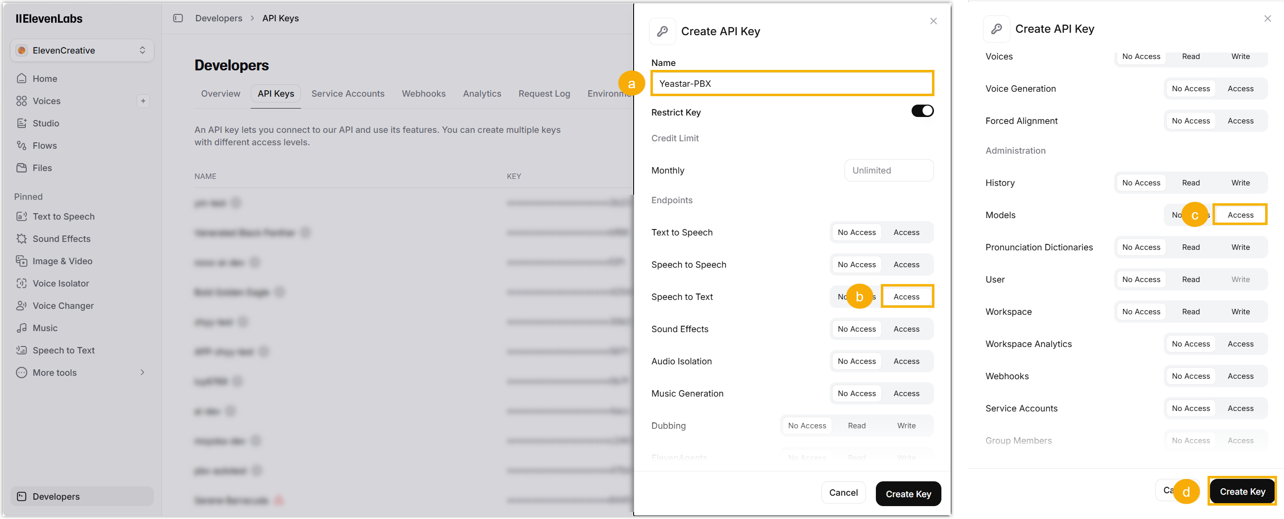 Cloud Voice, the sidebar for defining a new ElevenLabs API key