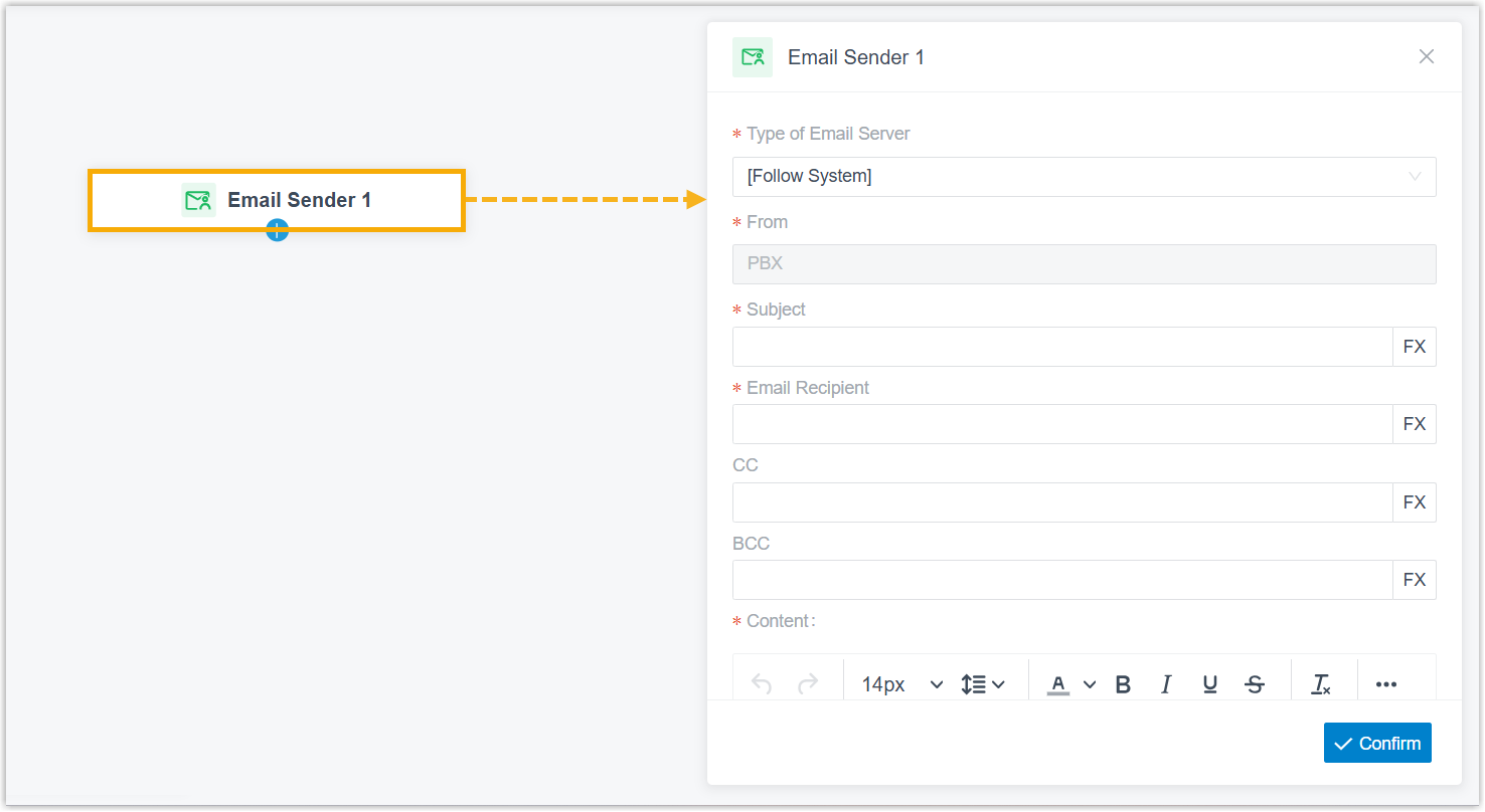 Email Sender component selected on the call flow canvas