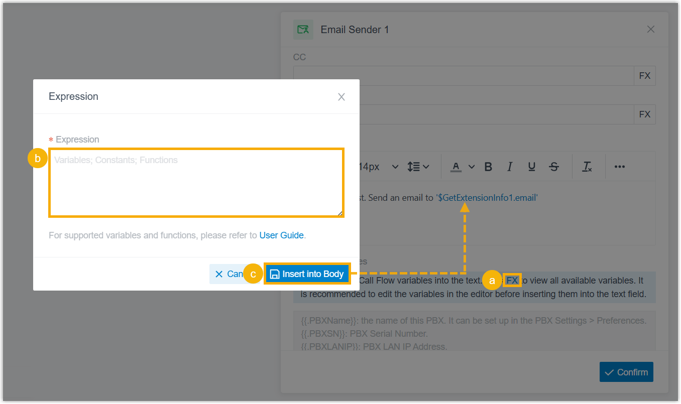 Expression inserted into the email body to include call information