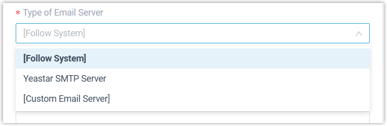 Cloud Voice, mail server type list open in the Email Sender settings