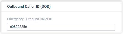 The Emergency Outbound Caller ID panel showing the ELIN assigned to the extension