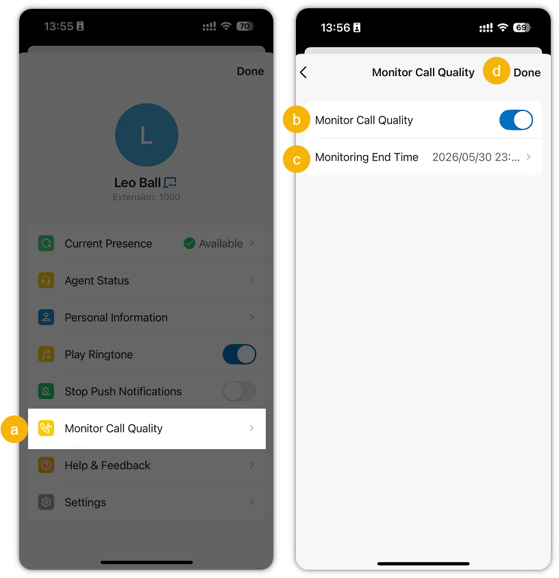 Account panel with the Monitor Call Quality switch and monitoring end time options