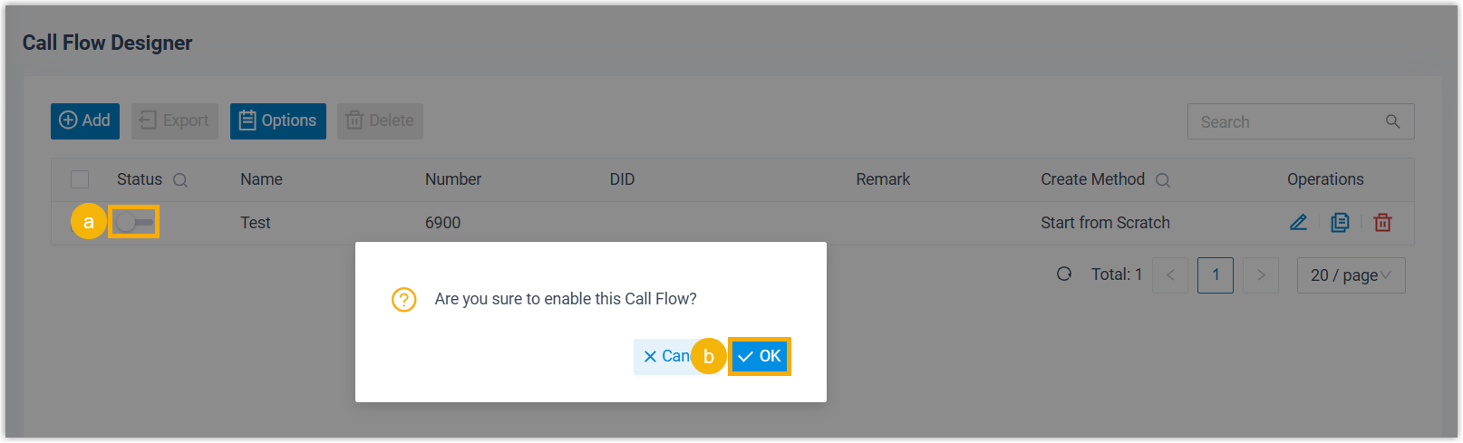 Call flow list with a flow being switched on from the toggle in its row