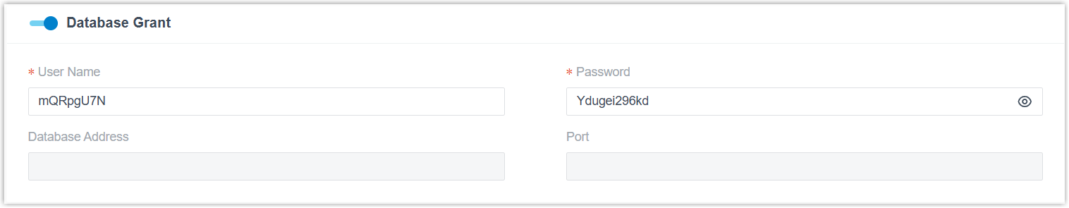 Enabling database access and entering the connection user name and password