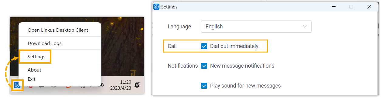 Cloud Voice, the Dial out immediately setting enabled