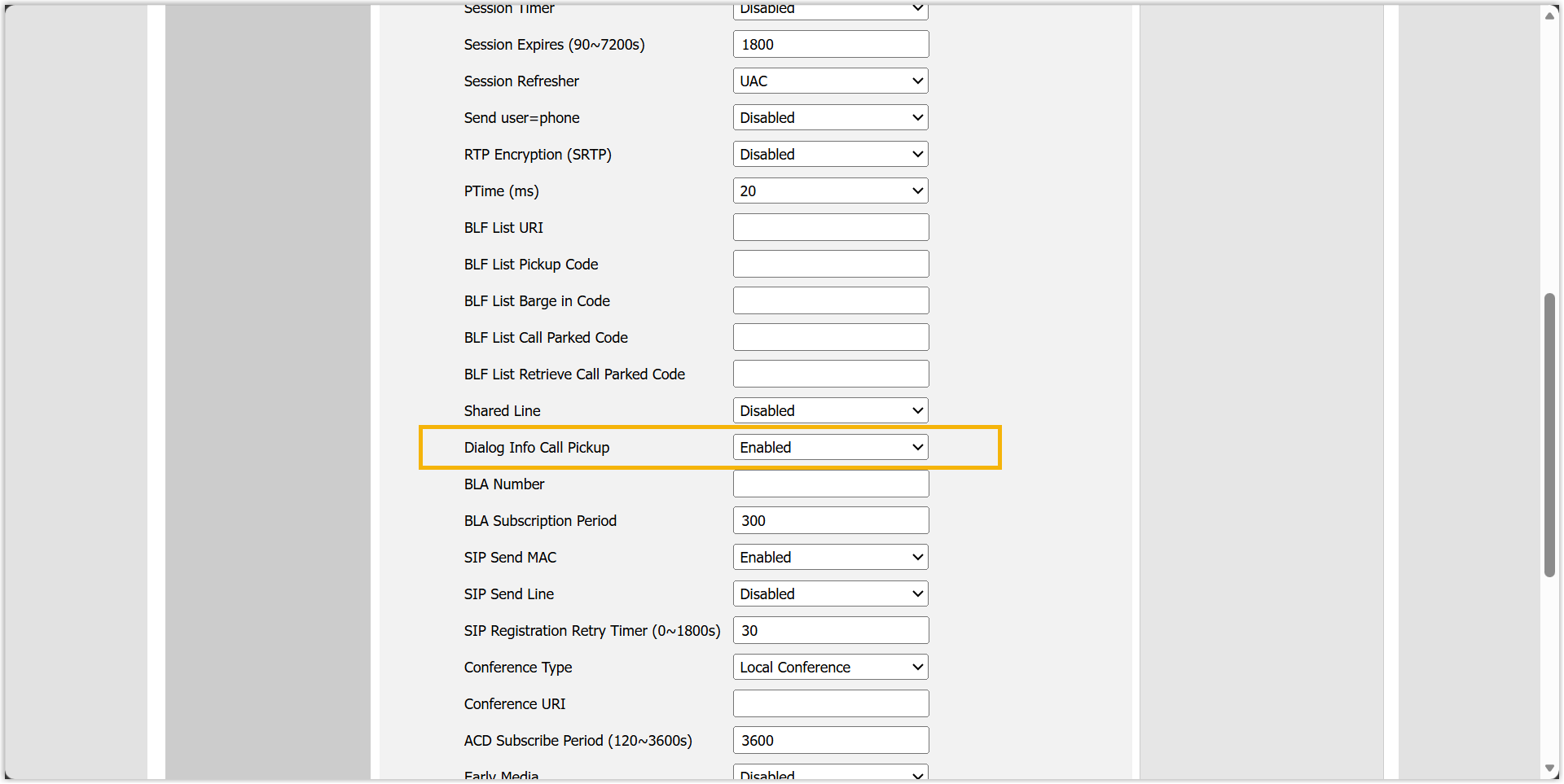Yealink phone setting to enable dialog info call pickup