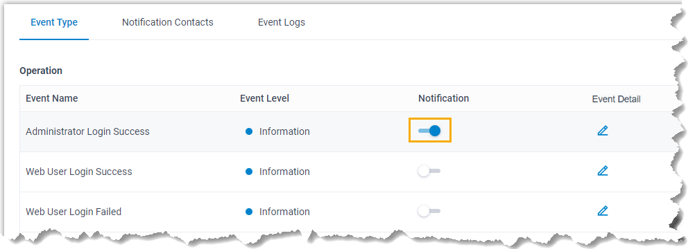 Event Type list with the Notification toggle enabled for an event